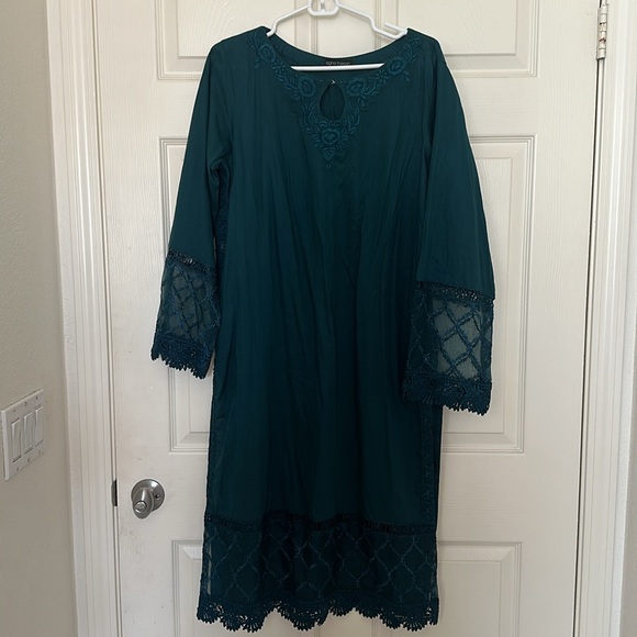 Agha Hassan 3 piece Pakistani suit -deep teal - Picture 2 of 9